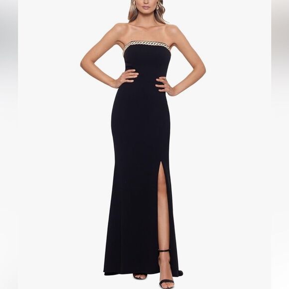 XSCAPE | 4685X Strapless Embellished Slit Evening Dress Black 14 - Picture 1 of 12